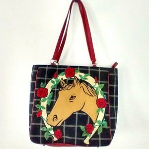 Isabella Fiore Good Luck Black Canvas Red Leather Horse Roses Sequined Handbag